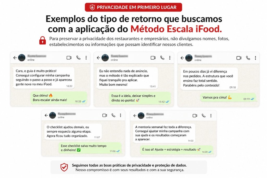 Feedbacks de clientes do Método Escala iFood via WhatsApp